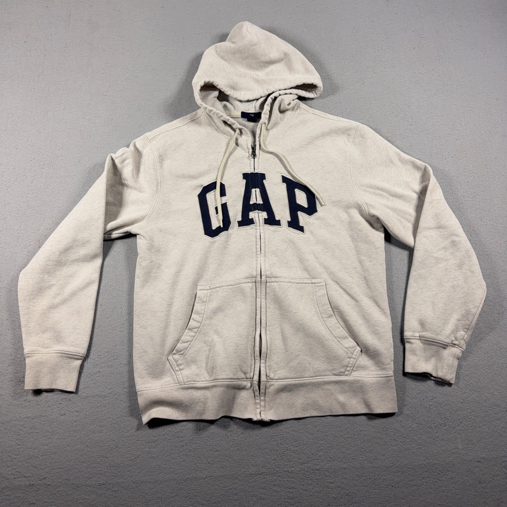 Gap Hoodie Men Small Full Zip Up Oatmeal Heather Grey Sweatshirt Arch Logo Retro